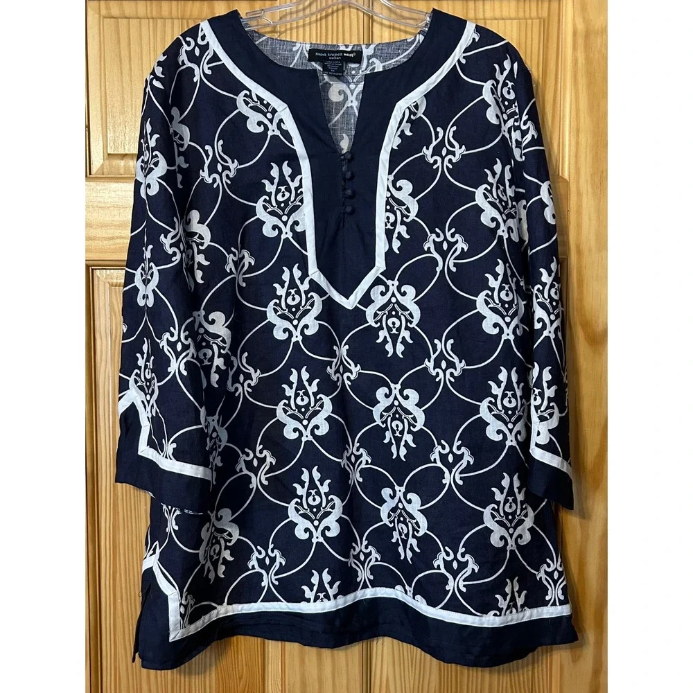 Saint Tropez West women's 100% linen navy tunic top 1X white print cottage core - Picture 1 of 5